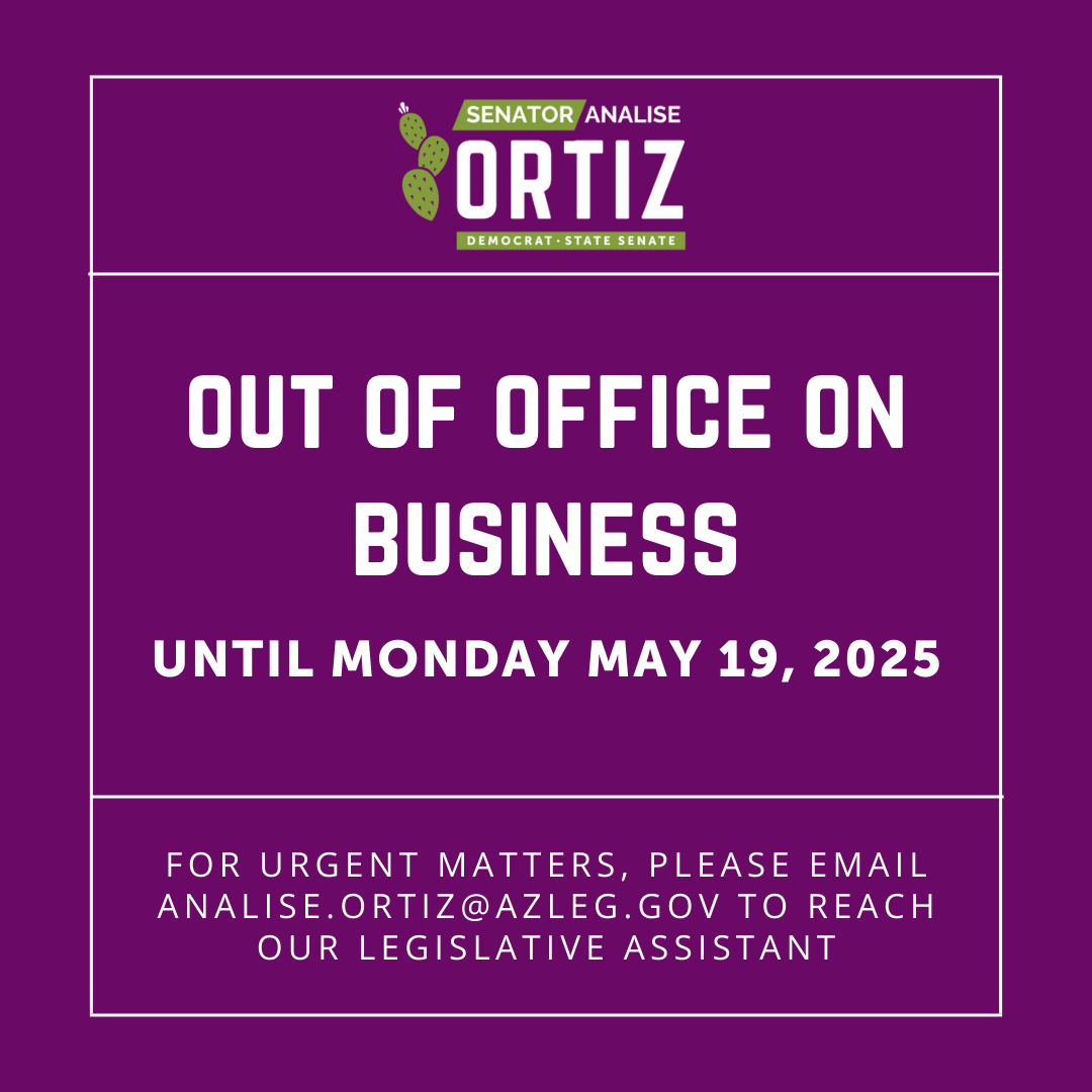 Sen. Analise Ortiz (@senanaliseortiz.bsky.social) (@senanaliseortiz) on Twitter photo Sen. Ortiz will be away on business until Monday, May 19. Please contact us at analise.ortiz@azleg.gov if you need immediate assistance. Sen. Ortiz will be away on business until Monday, May 19. Please contact us at analise.ortiz@azleg.gov if you need immediate assistance.