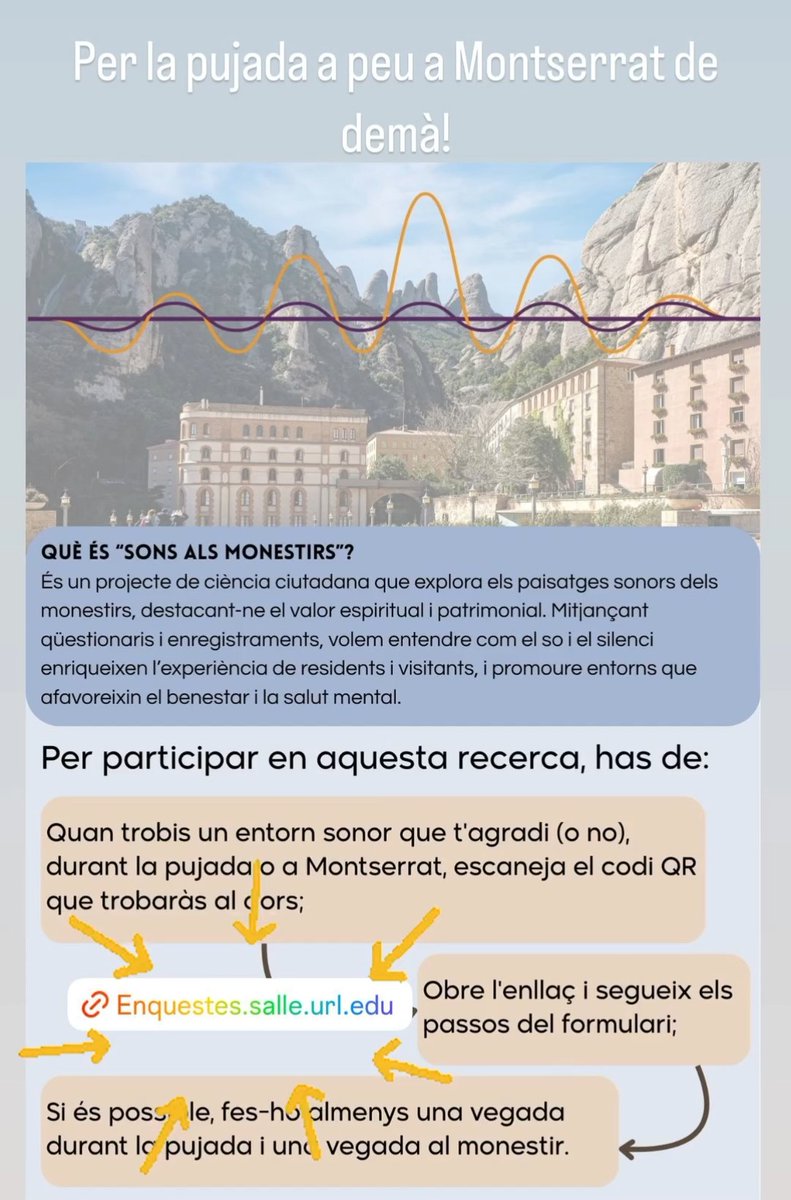 🔬 Sons als Monestirs és un projecte de recerca de <a href="/LaSalleBCN/">La Salle BCN</a>.
Obrim recollida de dades durant la Pujada a Peu a Montserrat 2025🎧
Ajuda’ns a dibuixar el paisatge sonor del camí al santuari i a explorar el valor del so i el silenci. 🌄🔊
#CiènciaCiutadana #PAPAM2025 #SalutMental