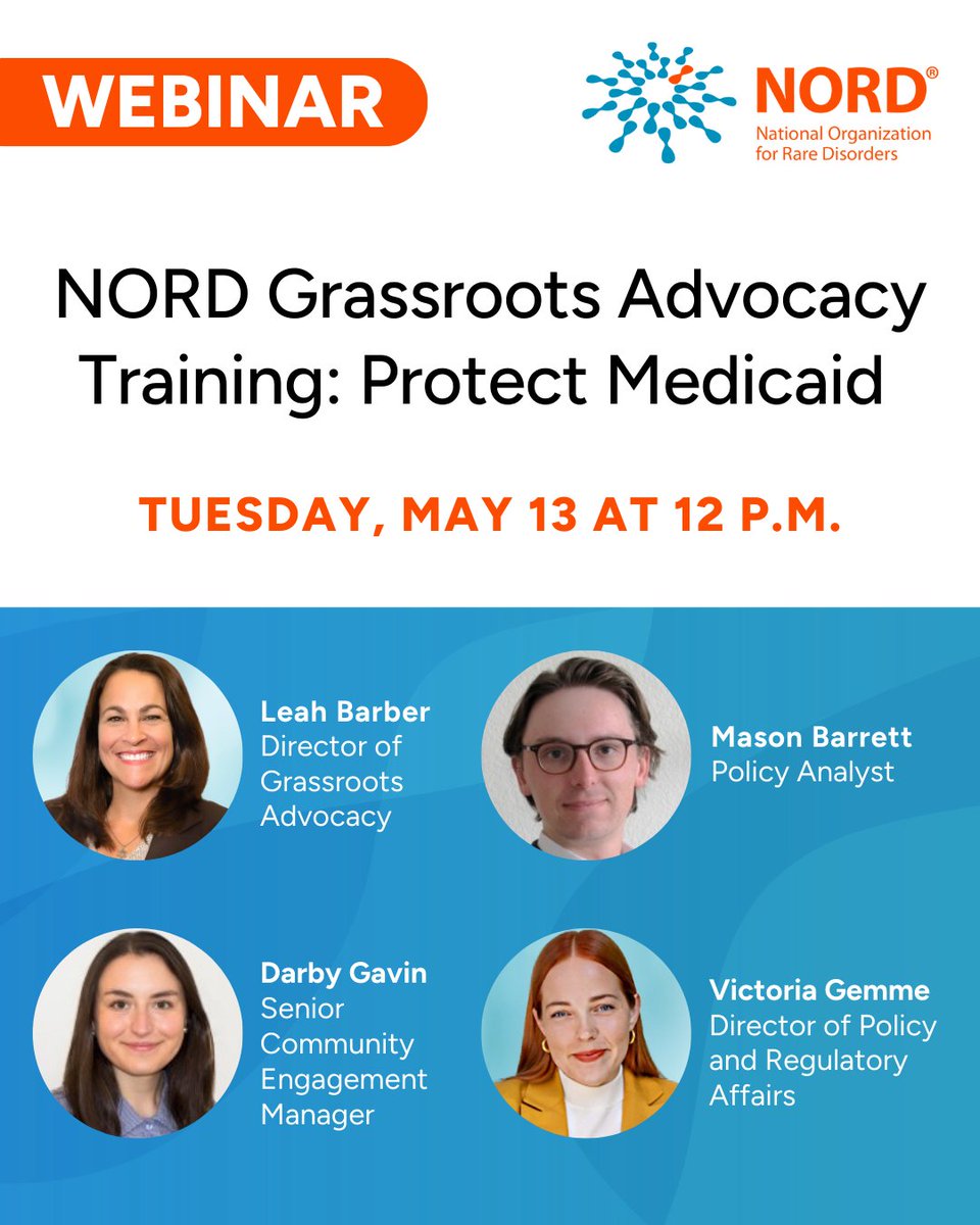 Reminder! Join #NORD's virtual advocacy training this Tuesday, May 13 at 12 p.m. ET to learn how to help us advocate for #Medicaid, a vital program for millions in the #RareDisease community: bit.ly/3GsM6nV

#ProtectMedicaid #RareDiseases #HealthInsurance