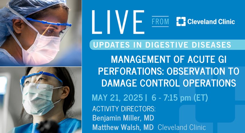 Rita Rys (@ritarys1) on Twitter photo 🚨 Not to Miss Event! 🚨 May 21 – LIVE from Cleveland Clinic: MANAGEMENT OF ACUTE GI PERFORATIONS. Non-operative mgmt, damage control for GI perforation or leaks, case ppts. Join <a href="/MattWalshMD/">Matthew Walsh</a> <a href="/JHarringtonMD/">James Harrington</a> <a href="/CleClinicMD/">Cleveland Clinic MD</a> for CME MOC event Register now: bit.ly/LIVECC2025
 🚨 Not to Miss Event! 🚨 May 21 – LIVE from Cleveland Clinic: MANAGEMENT OF ACUTE GI PERFORATIONS. Non-operative mgmt, damage control for GI perforation or leaks, case ppts. Join <a href="/MattWalshMD/">Matthew Walsh</a> <a href="/JHarringtonMD/">James Harrington</a> <a href="/CleClinicMD/">Cleveland Clinic MD</a> for CME MOC event Register now: bit.ly/LIVECC2025
