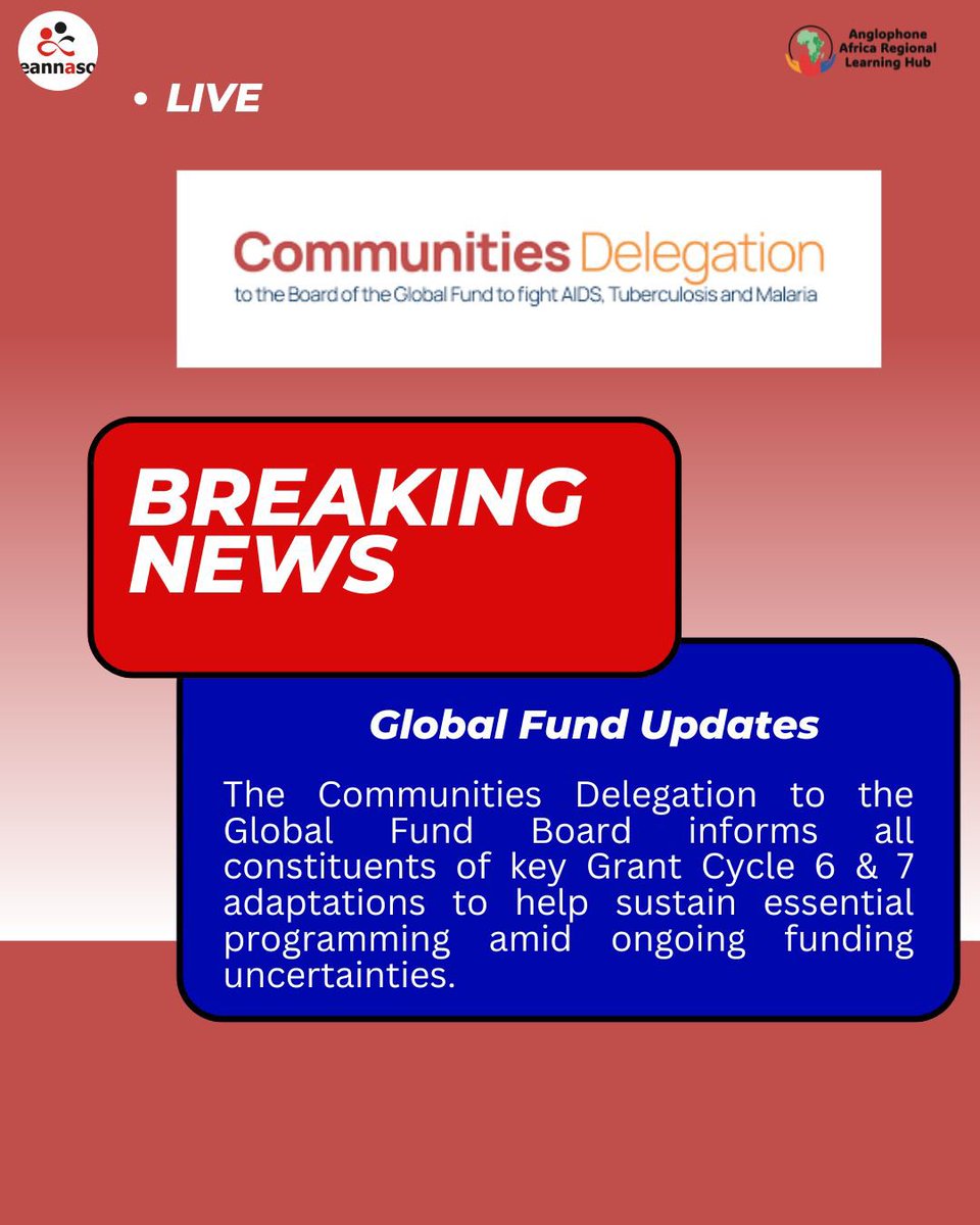 EANNASO (@eannaso) on Twitter photo 🚨 The @CommunitiesDelegation to the Board of the <a href="/GlobalFund/">The Global Fund</a> to the @globalfund urges all PLHIV, TB & malaria communities to prepare for GC6 & GC7 adaptations amid funding uncertainties.
Reprioritization must protect community-led, rights-based services. Stay engaged, stay 🚨 The @CommunitiesDelegation to the Board of the <a href="/GlobalFund/">The Global Fund</a> to the @globalfund urges all PLHIV, TB & malaria communities to prepare for GC6 & GC7 adaptations amid funding uncertainties.
Reprioritization must protect community-led, rights-based services. Stay engaged, stay