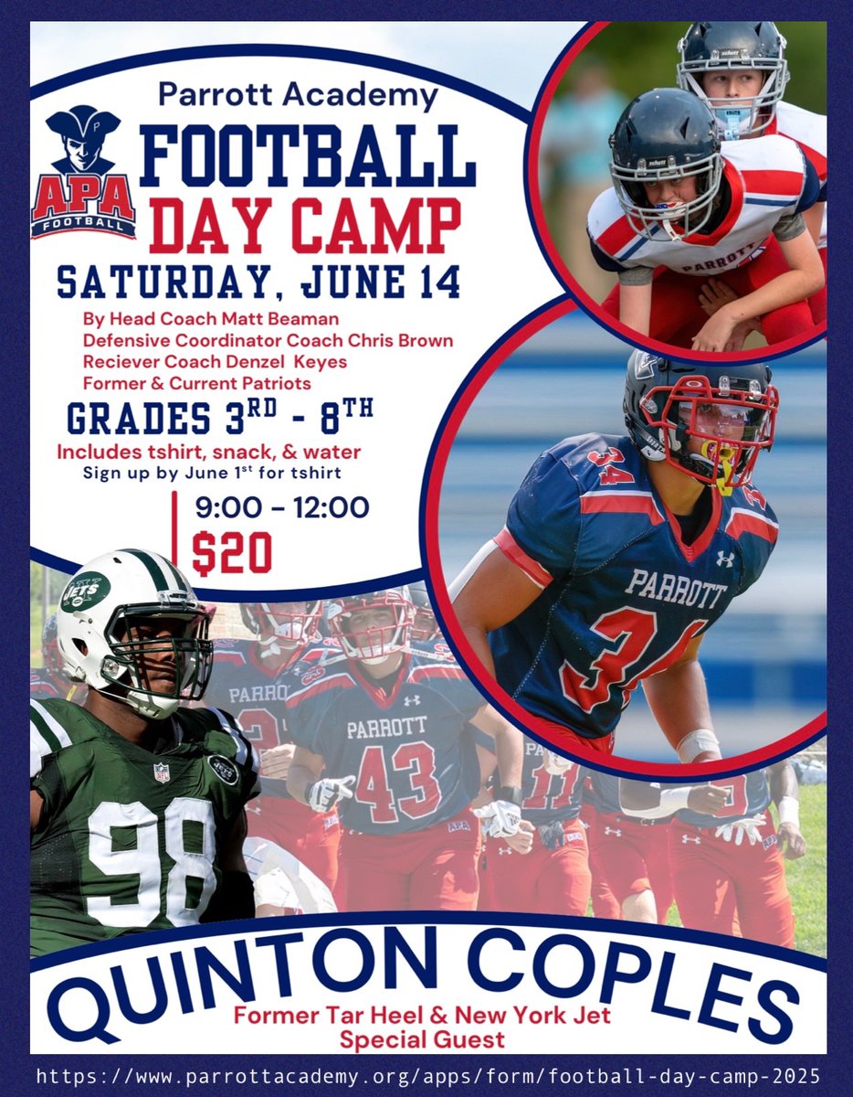 Come for a fun day of football and to meet former Jet and UNC football player Quinton Coples! Click here to sign up parrottacademy.org/apps/form/foot….