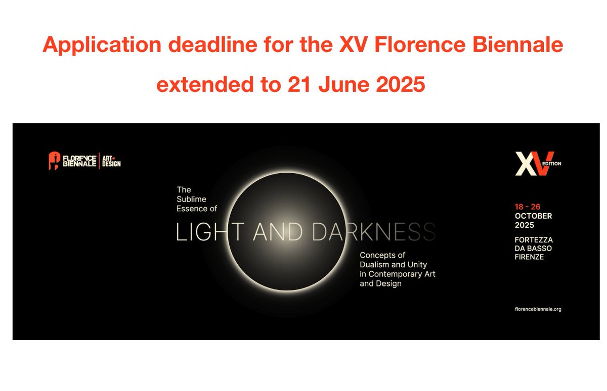 The Team of Florence Biennale is happy to announce that the application deadline for the XV Florence Biennale (Fortezza da Basso, Firenze 18-26 October 2025) has been extended to 21 June 2025. Artists may contact me to assist you or apply directly at florencebiennale.org