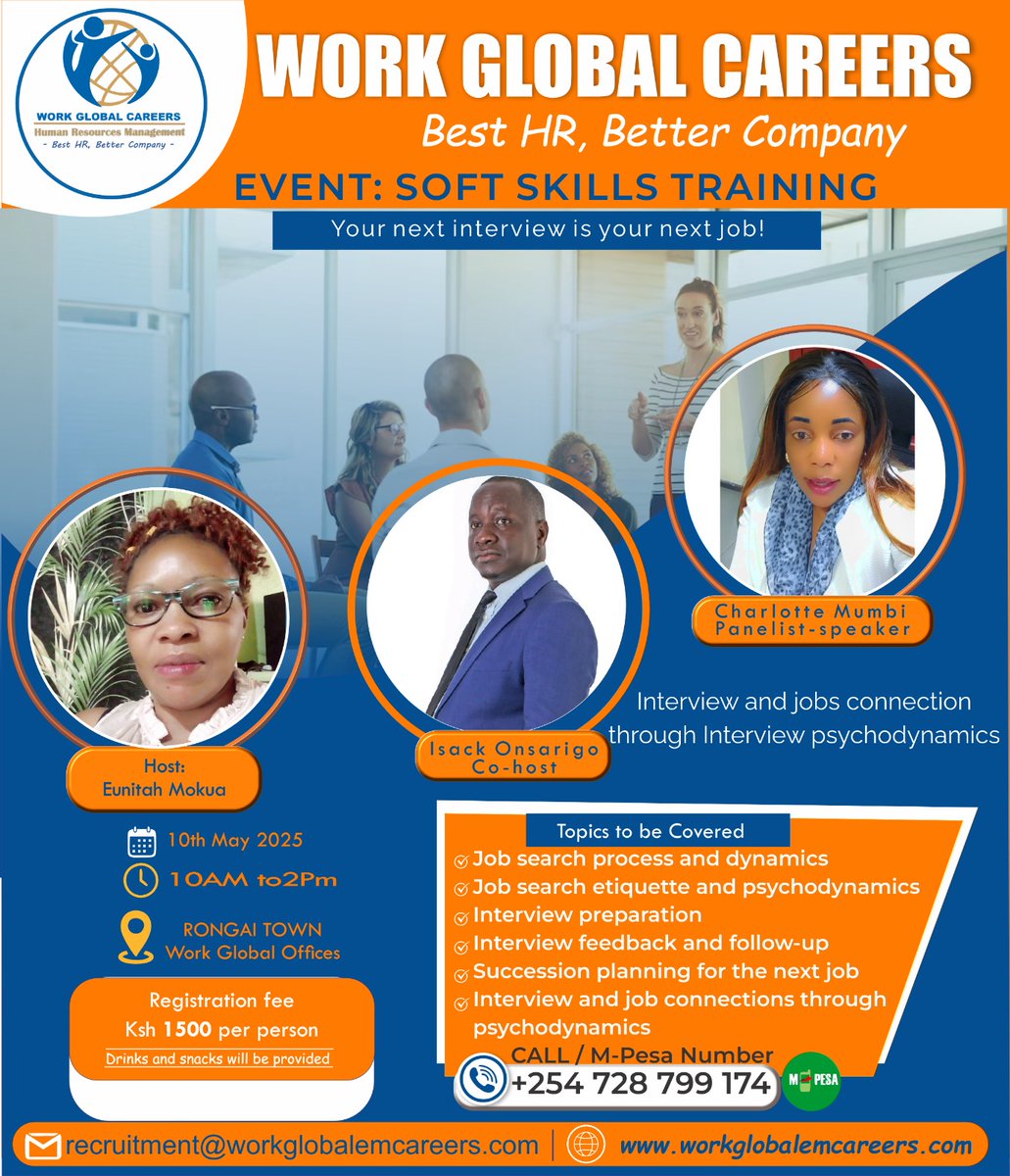 david mambo (@ndushmambo) on Twitter photo Date & Time: May 31, 2025, from 10:00 AM to 2:00 PM Location: Work Global Office, Rongai Fee: KSH 1,500 Payment: Mpesa No. 0728799174 Contact: +254 728799174 | recruitment@workglobalemcareers.com Website: workglobalemcareers.com Date & Time: May 31, 2025, from 10:00 AM to 2:00 PM Location: Work Global Office, Rongai Fee: KSH 1,500 Payment: Mpesa No. 0728799174 Contact: +254 728799174 | recruitment@workglobalemcareers.com Website: workglobalemcareers.com