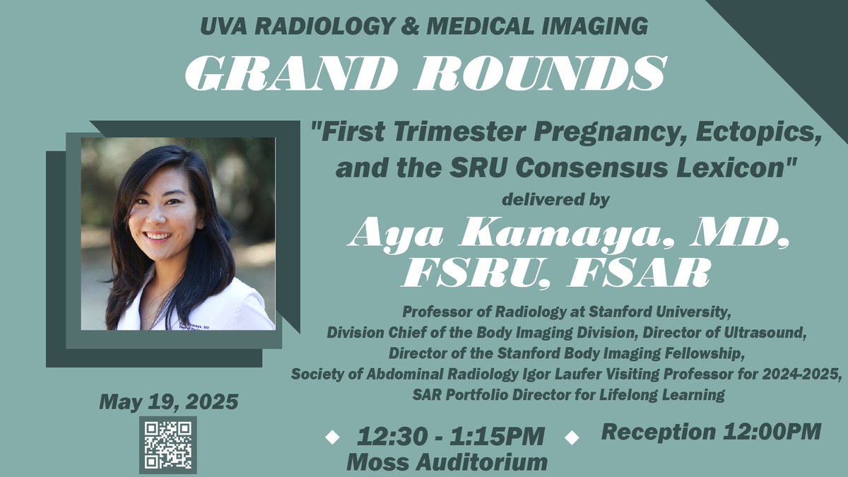 UVA Radiology (@uvaradiology) on Twitter photo Monday, 5/19, please join us for "First Trimester Pregnancy, Ectopics, and the SRU Consensus Lexicon" with Aya Kamaya, MD, FSRU, FSAR from Standford University
Join virtually here: l.ead.me/bfyi1l
<a href="/MedicineUVA/">UVA School of Medicine</a> Monday, 5/19, please join us for "First Trimester Pregnancy, Ectopics, and the SRU Consensus Lexicon" with Aya Kamaya, MD, FSRU, FSAR from Standford University
Join virtually here: l.ead.me/bfyi1l
<a href="/MedicineUVA/">UVA School of Medicine</a>