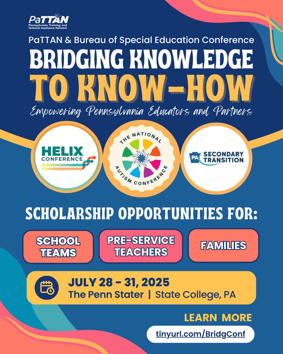 🎯 Calling all School Teams, #PreServiceTeachers &amp; Families: BSE is partnering with EITA &amp; <a href="/PA_OVR/">PA Office of Vocational Rehabilitation</a> to provide scholarship opportunities for #BK2KH2025 ✨ Hurry—scholarships are limited!

🗓️ Deadline: June 15, 2025
🚩 tinyurl.com/BridgConf
 ✉️ bk2khscholarships@pattankop.net