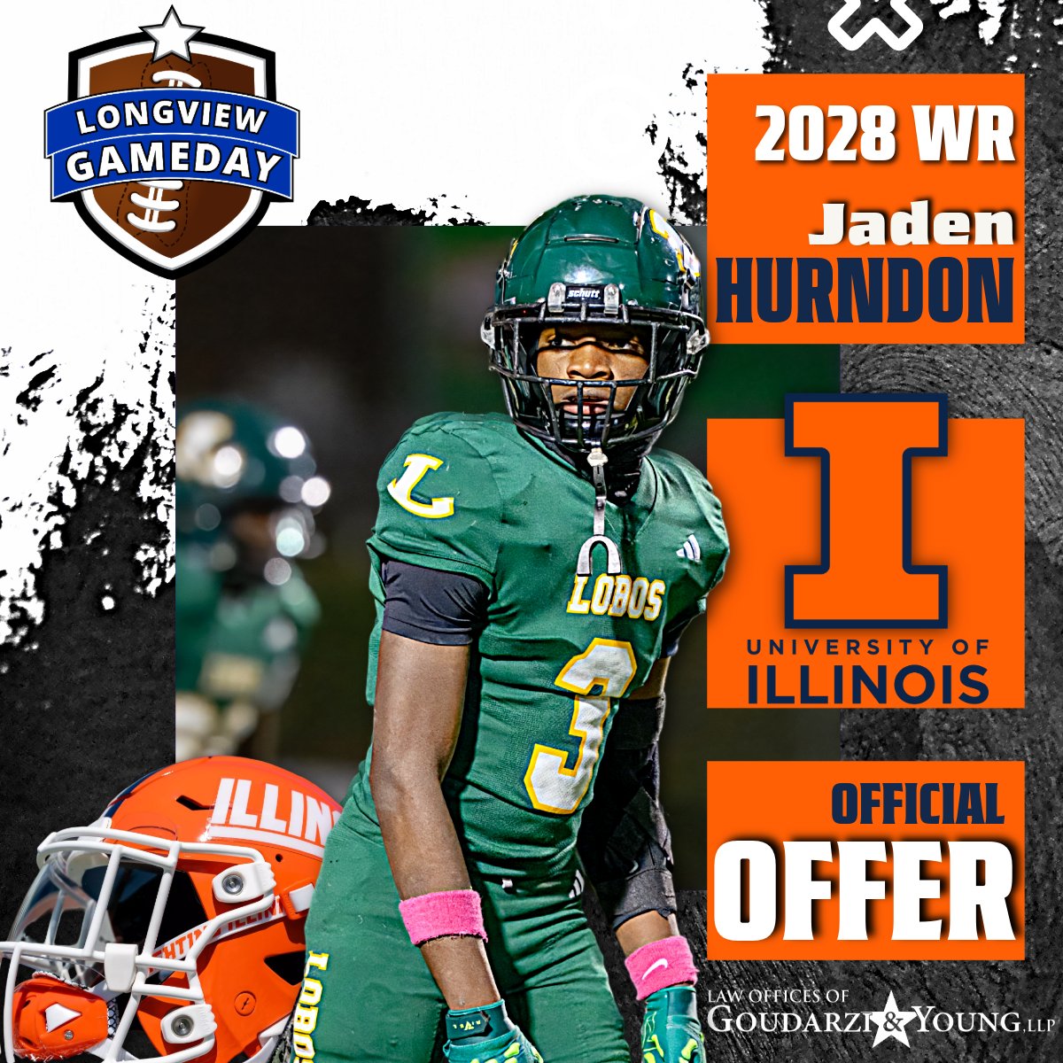 Longview Gameday (@longviewgameday) on Twitter photo Jaden Hurndon picks up offer #6, all from Power 5 schools. Today, it's the <a href="/UofIllinois/">University of Illinois</a>.
<a href="/JadenH_D1/">Jaden Hurndon</a>
<a href="/IlliniFootball/">Illinois Football</a>
<a href="/IlliniAthletics/">Illinois Athletics</a> Jaden Hurndon picks up offer #6, all from Power 5 schools. Today, it's the <a href="/UofIllinois/">University of Illinois</a>.
<a href="/JadenH_D1/">Jaden Hurndon</a>
<a href="/IlliniFootball/">Illinois Football</a>
<a href="/IlliniAthletics/">Illinois Athletics</a>