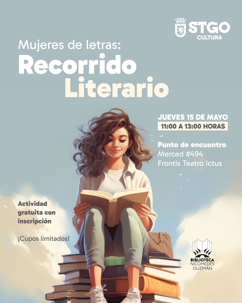 🏙️📚"Mujeres de Letras", un recorrido donde exploraremos la ciudad desde una mirada literaria y cartográfica.
🟠 Fecha: 15 de mayo
🟢 Horario: 11:00 horas
🔵 Lugar: Merced #494 / Frontis Teatro Ictus
🟣 Inscríbete y únete a esta experiencia única.
 
👉santiagocultura.cl