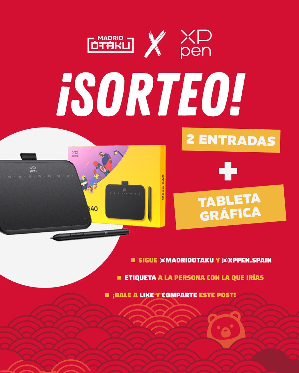 Madrid Otaku (@madridotaku) on Twitter photo ✨ATENCIÓN SORTEO✨
Nuestros amigos de XP-PEN repiten como patrocinador en Madrid Otaku. ¡Queremos celebrarlo contigo! 🥳
🎟 Entrada doble de domingo + Tableta Deco 640
CÓMO PARTICIPAR 👇
1. Sigue a <a href="/madridotaku/">Madrid Otaku</a> y <a href="/XPPen_Spain/">XPPen España</a> 🌟
2. Etiqueta a la persona que llevarías 👩❤️👨
3. ✨ATENCIÓN SORTEO✨
Nuestros amigos de XP-PEN repiten como patrocinador en Madrid Otaku. ¡Queremos celebrarlo contigo! 🥳
🎟 Entrada doble de domingo + Tableta Deco 640
CÓMO PARTICIPAR 👇
1. Sigue a <a href="/madridotaku/">Madrid Otaku</a> y <a href="/XPPen_Spain/">XPPen España</a> 🌟
2. Etiqueta a la persona que llevarías 👩❤️👨
3.