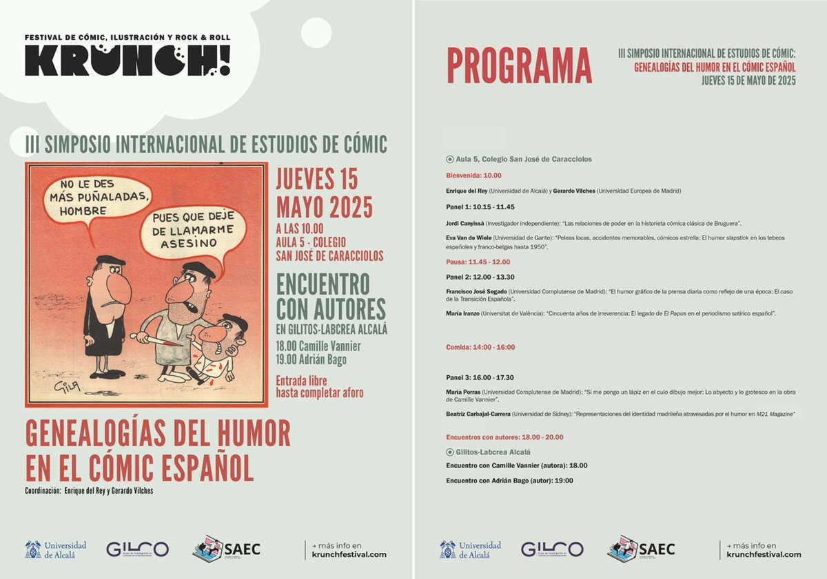La SAEC colabora con la organización del III Simposio Internacional de Estudios de Cómic que se desarrollará en la UAH con el título:

"Genealogías del humor en el cómic español", 
y que tendrá lugar dentro del <a href="/KrunchFestival/">KrunchFestival</a> de Cómic
Más información👇

uah.es/es/conoce-la-u…