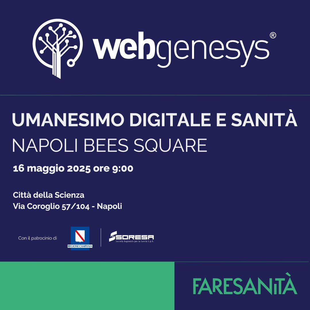 Siamo felici di partecipare come sponsor all’evento 𝗨𝗺𝗮𝗻𝗲𝘀𝗶𝗺𝗼 𝗗𝗶𝗴𝗶𝘁𝗮𝗹𝗲 𝗲 𝗦𝗮𝗻𝗶𝘁𝗮̀, in programma venerdì 16 maggio alla Città della Scienza di #Napoli.

Scopri di più sull’evento e sul programma: faresanita.it/eventi/umanesi…

#innovazione