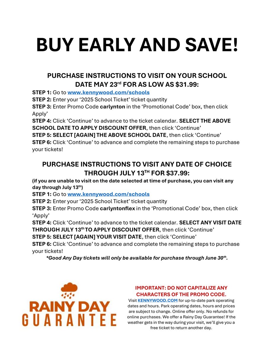 Kennywood Day is almost here! Our district's assigned pavilion is Pavilion 6 (behind the Old Mill) — a great meeting spot all day. Kenny the Kangaroo will stop by from 2–3 PM. An updated flyer is out—be sure to share it! Bus passes are on sale in main offices through next Friday.