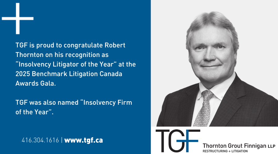 TGF is proud to congratulate Robert Thornton on his recognition as “Insolvency Litigator of the Year” at the 2025 Benchmark Litigation Canada Awards Gala. tinyurl.com/mvys6z23