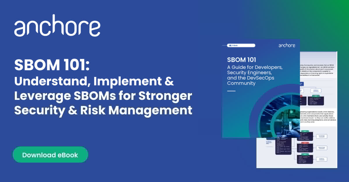 anchore's tweet image. 🔐 SBOMs aren&apos;t just another security fad. Join #SBOMlearningWeek with our free eBook that shows how SBOMs revolutionize #software #security by bringing transparency to dependencies and vulnerabilities: get.anchore.com/sbom101-guide-… #AppSec #SBOM