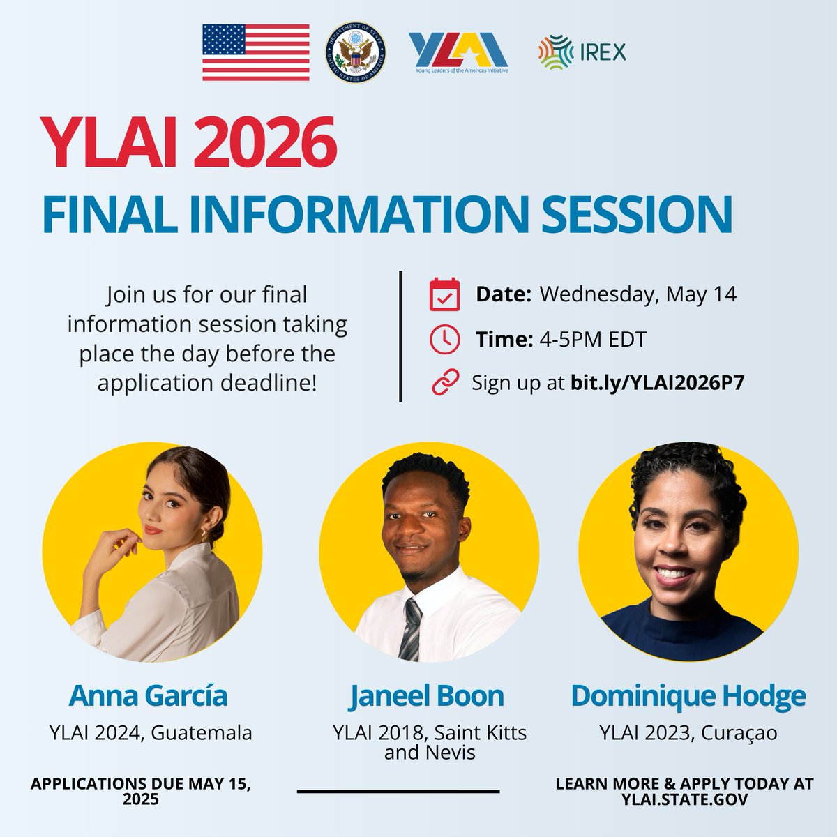 Attend our final Q&amp;A session on Wednesday, May 14 from 4:00-5:00 p.m. EDT to hear from #YLAIAlumni about their experience and application tips, and to ask any lingering questions you still have. Learn more and register at bit.ly/YLAI2026P7
