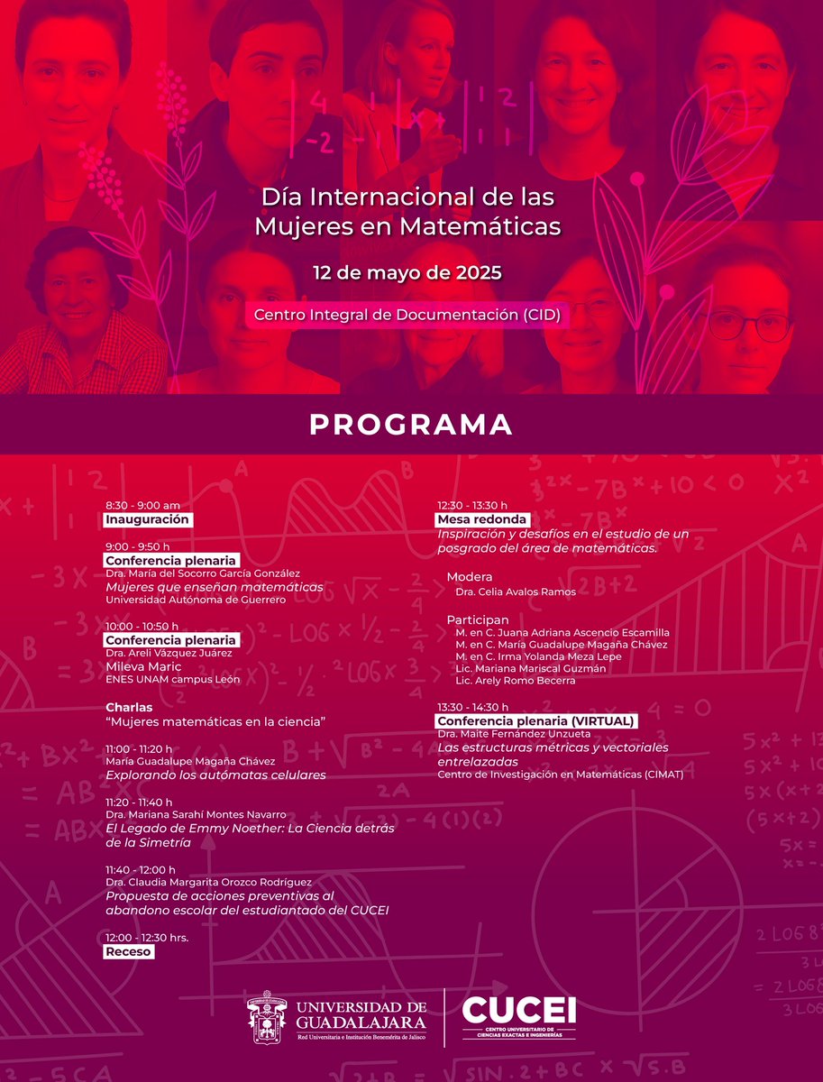 udegcucei's tweet photo. 🔢 ¡Celebremos el Día Internacional de las Mujeres en Matemáticas! 💜 

📚 Conferencias, charlas y encuentros que nos inspiran a seguir transformando la ciencia con talento y pasión.

✨ ¡Acompáñanos en esta jornada llena de conocimiento! ♀️

#MujeresEnMatemáticas #ComunidadCUCEI https://t.co/rbMm6cV4Yt