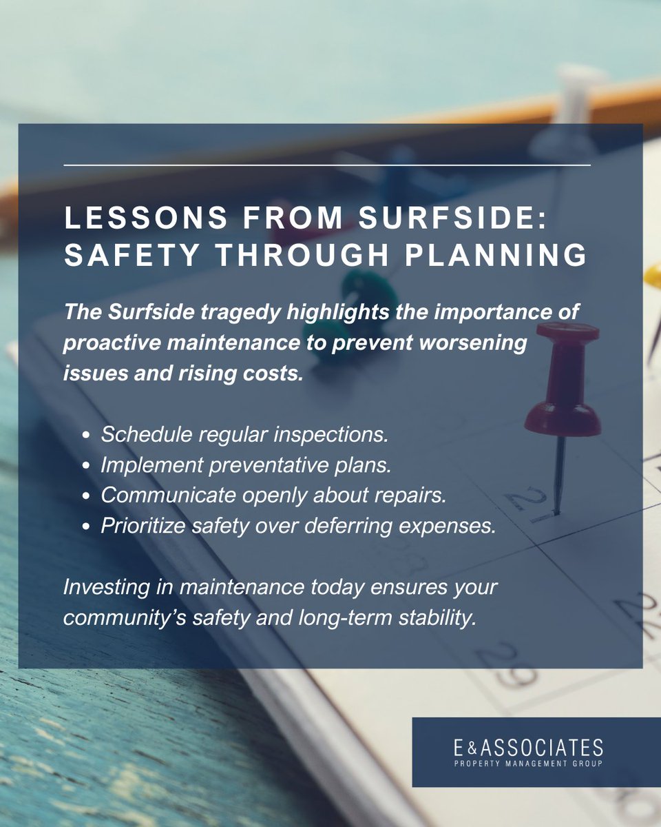EAPROPERTYMGNT's tweet image. The Surfside tragedy shows that proactive maintenance, expert inspections, and early action are vital to prevent disasters and ensure building safety.
#SurfsideTragedy #CondoSafety #PreventativeMaintenance #BuildingInspections #CommunitySafety #HOABestPractices