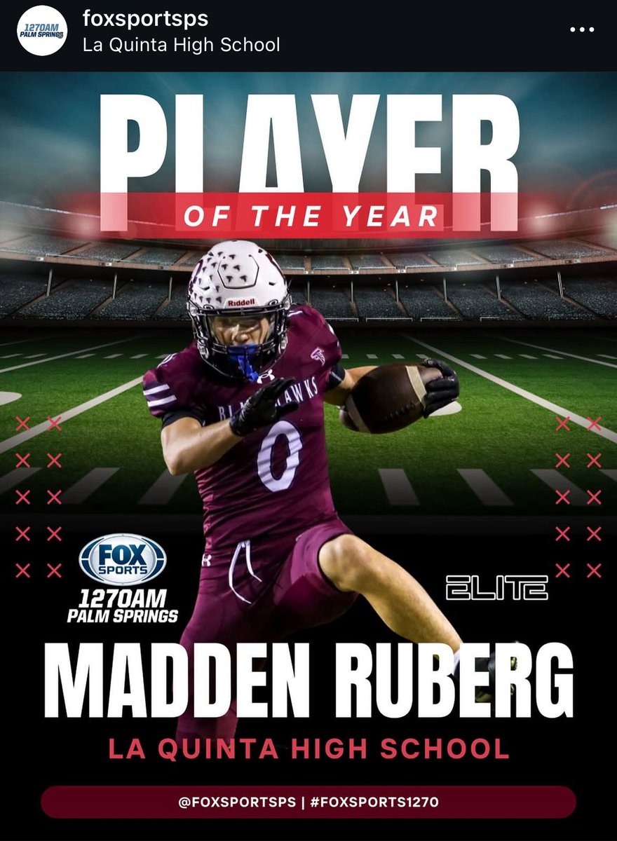 Congratulations to sophomore <a href="/JMaddenRuberg/">Madden Ruberg</a> (RB/DB) on being named 24-25 player of the year by fox sports Palm Springs. #LQfootball <a href="/CoachMattWard/">Matt Ward</a>
