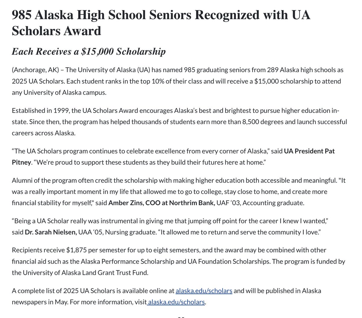 UA Press Release - "985 Alaska High School Seniors Recognized with UA Scholars Award. Each Receives a $15,000 Scholarship."

Read here: alaska.edu/opa/enews/2025…