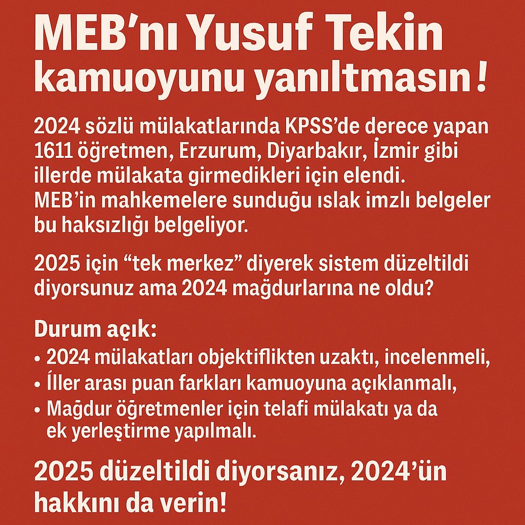 yildirimkaya40's tweet photo. Milli Eğitim Bakanı @Yusuf__Tekin Kamuoyunu doğru bilgilendirmeye davet ediyorum.
#MülakatMağdurları
#AdaletİsteyenÖğretmenler
#MEBUyumaHakkıVer
#MülakatZulmünde187Gün https://t.co/quuz7leeFl