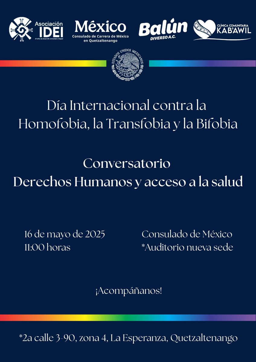 ConsulMexQue (@consulmexque) on Twitter photo ¿Persona mexicana 🇲🇽 o guatemalteca 🇬🇹 con interés en los derechos humanos y en combatir la discriminación?
Acompáñenos en esta plática con el experto mexicano Luis Hidalgo y organizaciones quetzaltecas.
🌈<a href="/ConsulMexQue/">ConsulMexQue</a> es un espacio seguro🏳️⚧️y abierto para todas las personas. ¿Persona mexicana 🇲🇽 o guatemalteca 🇬🇹 con interés en los derechos humanos y en combatir la discriminación?
Acompáñenos en esta plática con el experto mexicano Luis Hidalgo y organizaciones quetzaltecas.
🌈<a href="/ConsulMexQue/">ConsulMexQue</a> es un espacio seguro🏳️⚧️y abierto para todas las personas.
