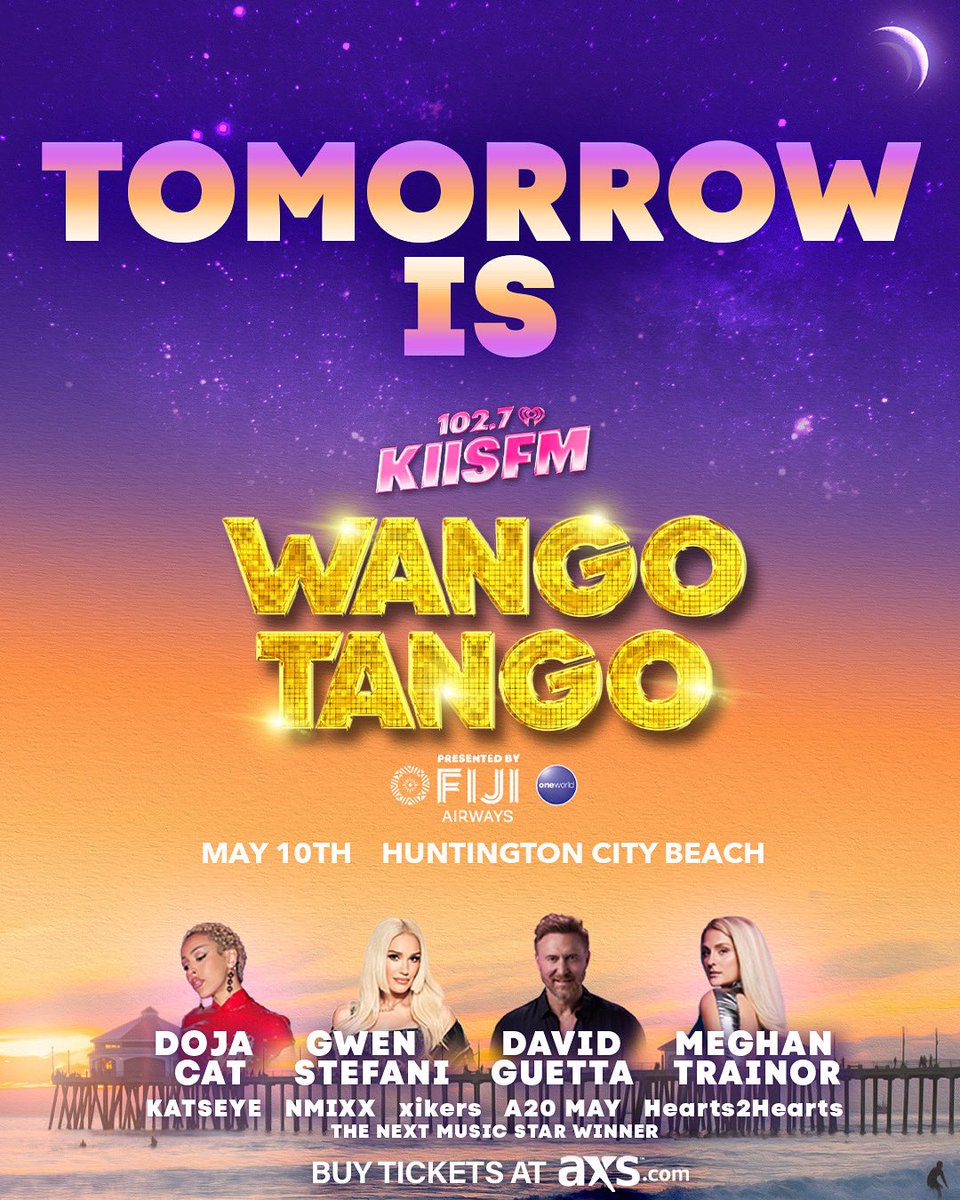 1027KIISFM's tweet image. It’s almost time to have fun in the sun! ☀️🏝️ #WangoTango presented by @FijiAirways is TOMORROW!!! 🌴🙌 Tickets are going fast! Get yours at bit.ly/WangoTango2025 💜 #DojaCat, #GwenStefani, #DavidGuetta, #MeghanTrainor, #KATSEYE, & MORE are performing!!! 😎 See you there! ✨
