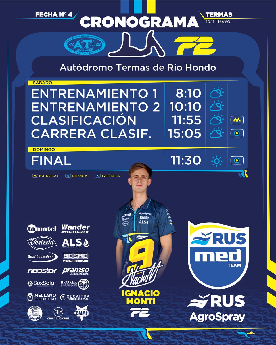 Rus Med Team (@rusmedteam) on Twitter photo ⏱️ CRONOGRAMA
<a href="/Formula2/">Formula 2</a>
✔️ Nacho Monti
🔷 <a href="/consultoramed/">Consultora Med</a>
<a href="/mauromedina74/">Mauro Medina</a>
@cruzzettiracing
<a href="/carlos_serpero/">Carlos Serpero</a>
💙 #MasQueUnEquipo
<a href="/ruseguros/">ruseguros</a>
<a href="/RUSDeportes/">RUS Deportes</a>
<a href="/AgroSprayAR/">AgroSpray</a>
<a href="/WanderLub/">Wander Lubricantes</a>
<a href="/Exintrader/">Exintrader SA</a>
<a href="/AgriLiquid/">Agri Liquid Solutions Argentina</a>
#Verizzia
#SealInnovation
#Boero ⏱️ CRONOGRAMA
<a href="/Formula2/">Formula 2</a>
✔️ Nacho Monti
🔷 <a href="/consultoramed/">Consultora Med</a>
<a href="/mauromedina74/">Mauro Medina</a>
@cruzzettiracing
<a href="/carlos_serpero/">Carlos Serpero</a>
💙 #MasQueUnEquipo
<a href="/ruseguros/">ruseguros</a>
<a href="/RUSDeportes/">RUS Deportes</a>
<a href="/AgroSprayAR/">AgroSpray</a>
<a href="/WanderLub/">Wander Lubricantes</a>
<a href="/Exintrader/">Exintrader SA</a>
<a href="/AgriLiquid/">Agri Liquid Solutions Argentina</a>
#Verizzia
#SealInnovation
#Boero