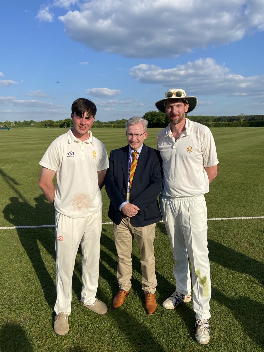 It was our pleasure to host the MCC today, with King's just falling short in the run chase. Pictured are player of the match Harry and Mr Neal in his final MCC match with King's, alongside current captain Romano and MCC captain &amp; King's Alumnus Simon Ratcliffe.