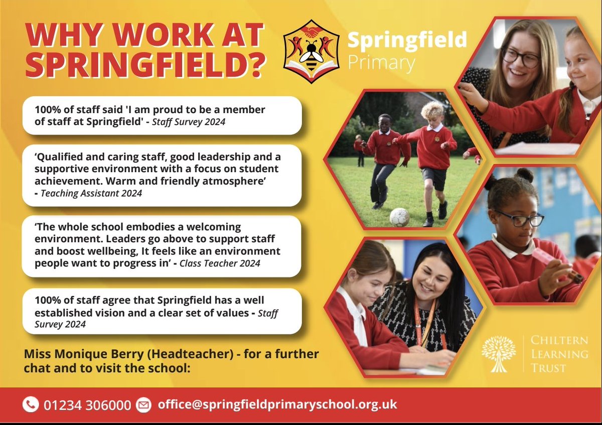 Springfield Primary School, Bedford (@springfieldbeds) on Twitter photo We are hiring! Come and visit us or call to speak to <a href="/MoniqueSBerry/">Monique Berry</a> about the role of Class Teacher. We are a warm, supportive and friendly team with amazing children and local community. 🐝🖤❤️ Apply below ⬇️
mynewterm.com/jobs/145219/ED… We are hiring! Come and visit us or call to speak to <a href="/MoniqueSBerry/">Monique Berry</a> about the role of Class Teacher. We are a warm, supportive and friendly team with amazing children and local community. 🐝🖤❤️ Apply below ⬇️
mynewterm.com/jobs/145219/ED…