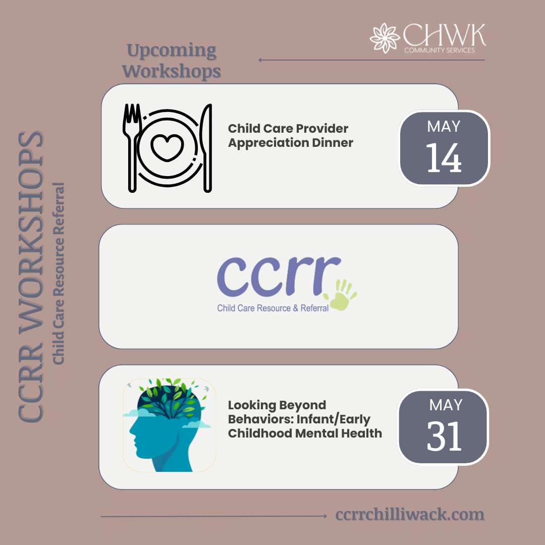 🚨Upcoming Workshops🚨
For more information on these workshops (and others) visit ccrrchilliwack.com or call 604793-7205