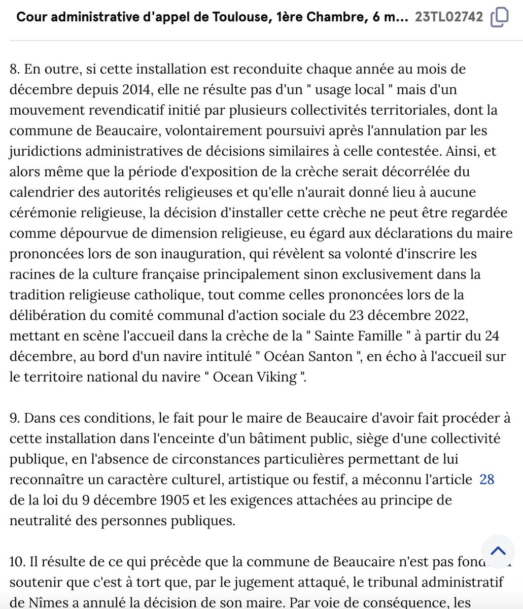 Le RN et la laïcité, épisode 686579.

La  justice confirme la sanction infligée à la mairie RN de Beaucaire, suite à l’installation d’une crèche dans l’enceinte du bâtiment.

C’est en parfaite conscience que le maire a poursuivi sa croisade identitaire, au mépris de la laïcité,