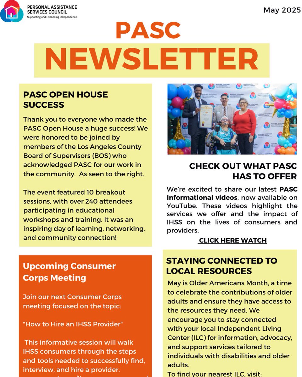 pasc_la's tweet photo. #MayNewsletter!
Check out what PASC has to offer -> https://t.co/wNj8Am6X0R
Upcoming Consumer Corps Meeting -> https://t.co/06niewE5q3 Staying connected to local resources -> https://t.co/P7fV3tl0Ci
#pascnewsletter #pasc #pascla #ihss #providers #caregivers #losangeles #lacounty https://t.co/xVRdTGGCz6