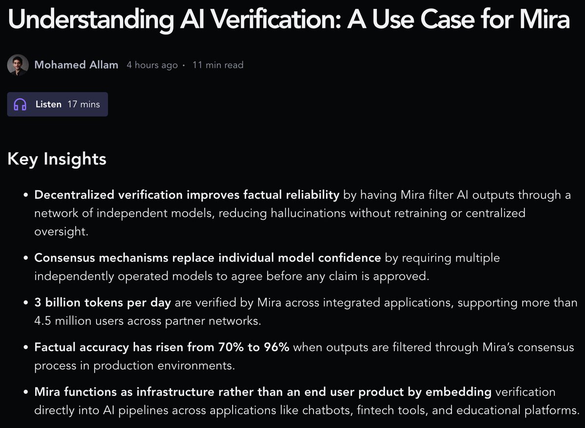 MessariCrypto's tweet image. Mira is a protocol designed to verify the outputs of AI systems.

Factual accuracy rose from 70% to 96% when outputs are filtered through @Mira_Network.

Dive in to explore AI verification ⬇️
messari.co/439riJO