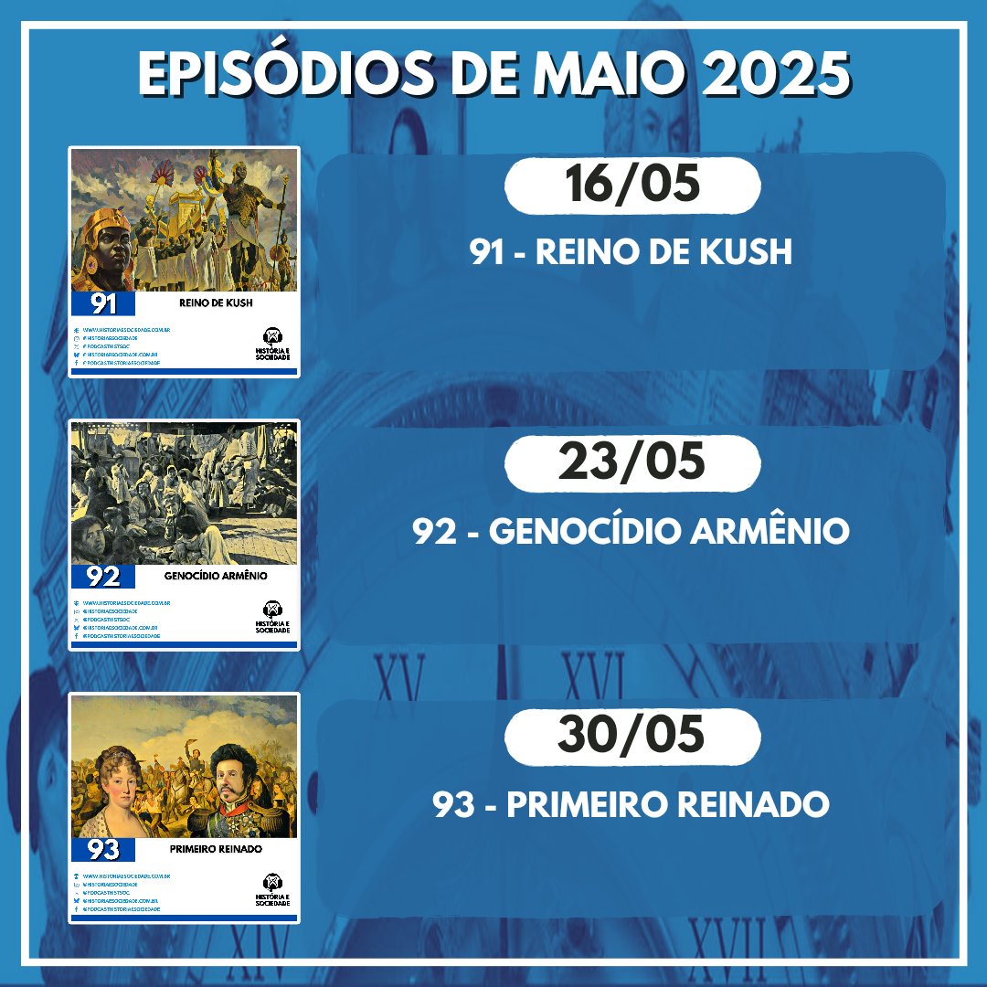 Ei, vem ver o que vai rolar em maio aqui no podcast! Marca na agenda e vem com a gente!

Gostou de algum? Comenta aí e aproveita pra sugerir temas futuros!

Lembrando que nesse mês, as duas primeiras sextas são folgas do podcast!

Para escutar, acesse historiaesociedade.com.br/links
