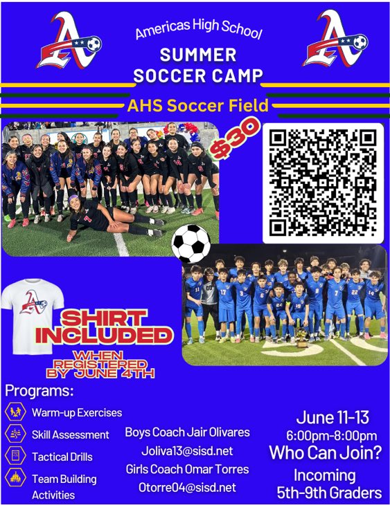 Americas High School Girls Soccer (@girls_soccerahs) on Twitter photo Blazer Soccer Summer Camp! Come out learn from the great staff at Americas! ❤️⚽️💙
➡️Scan the code!
#BlazerNation #1Team1Goal
<a href="/OTorres_AHS/">Omar Torres</a> <a href="/VVicencio_CMS/">Coach Veronica Perez Vicencio</a> <a href="/Americas_HS/">Nancy Torres</a> <a href="/americas_soccer/">Americas Boys Soccer</a> <a href="/coach_rye_/">Jonathan Rye</a>
<a href="/AthleticsJDS/">Drugan Dragons Athletics</a> <a href="/CMSAthletic/">CMS_Athletics</a> <a href="/WalterEClarkeMS/">Daniela Palmer</a> <a href="/JohnDrugan_PK8/">John Drugan PK-8</a> Blazer Soccer Summer Camp! Come out learn from the great staff at Americas! ❤️⚽️💙
➡️Scan the code!
#BlazerNation #1Team1Goal
<a href="/OTorres_AHS/">Omar Torres</a> <a href="/VVicencio_CMS/">Coach Veronica Perez Vicencio</a> <a href="/Americas_HS/">Nancy Torres</a> <a href="/americas_soccer/">Americas Boys Soccer</a> <a href="/coach_rye_/">Jonathan Rye</a>
<a href="/AthleticsJDS/">Drugan Dragons Athletics</a> <a href="/CMSAthletic/">CMS_Athletics</a> <a href="/WalterEClarkeMS/">Daniela Palmer</a> <a href="/JohnDrugan_PK8/">John Drugan PK-8</a>