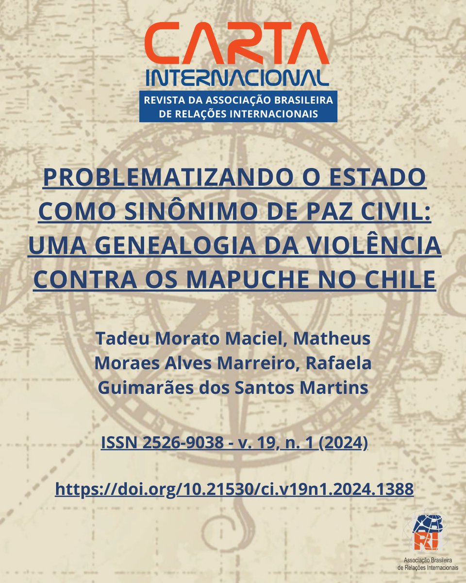 📢 Este artigo examina:
✔️ A conexão histórica entre capitalismo, militarização e extermínio indígena
✔️Momentos-chave de violência estatal no Chile
✔️ A resistência Mapuche

📖 Acesse o artigo completo
doi.org/10.21530/ci.v1…

#PovosIndígenas #Genealogia #ResistênciaMapuche