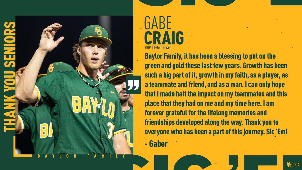 Baylor Baseball (@baylorbaseball) on Twitter photo We asked our seniors what Baylor has meant to them. Here are their answers 🥺🧵
✍️ <a href="/enzo_apodaca/">enzo_apodaca</a>, <a href="/BrysonBales/">Bryson Bales</a>, <a href="/CastleCort/">Cortlan Castle</a>, <a href="/gabemcraig/">Gabe Craig</a>
#SicEm 🐻⚾️ | #Together We asked our seniors what Baylor has meant to them. Here are their answers 🥺🧵
✍️ <a href="/enzo_apodaca/">enzo_apodaca</a>, <a href="/BrysonBales/">Bryson Bales</a>, <a href="/CastleCort/">Cortlan Castle</a>, <a href="/gabemcraig/">Gabe Craig</a>
#SicEm 🐻⚾️ | #Together
