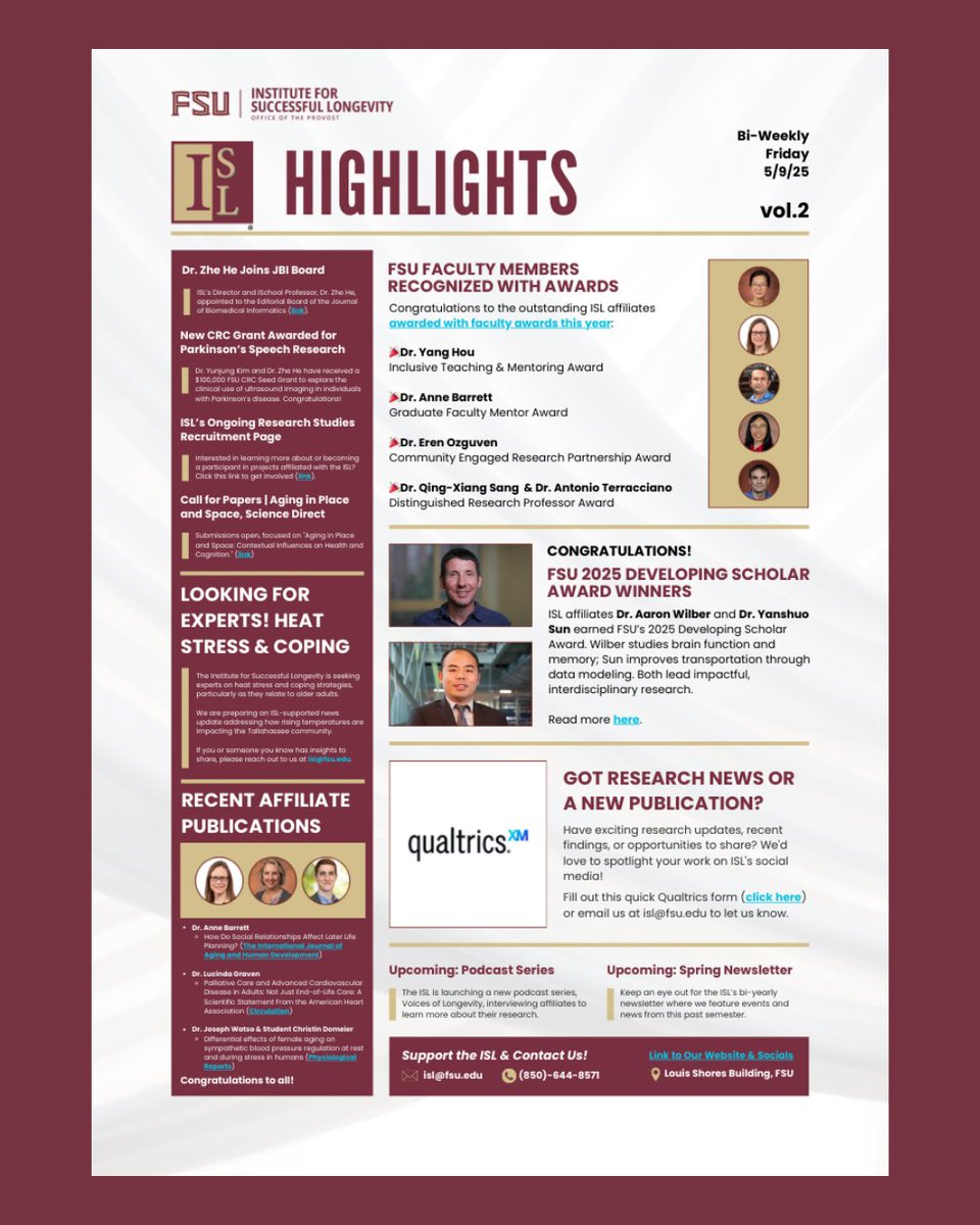 📣 ISL Highlights: Volume 2 is here!

Catch up on the latest from the Institute for Successful Longevity including award-winning faculty, exciting new grants, research updates, and ways to get involved.

Subscribe to the ISL: lists.fsu.edu/mailman/listin…