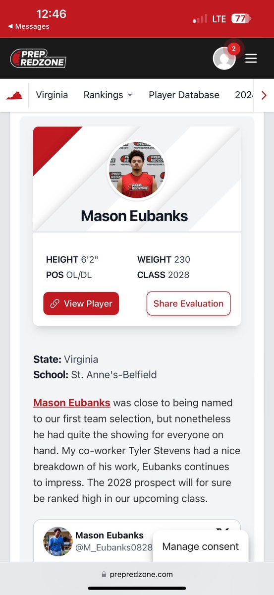 Mason Eubanks (@m_eubanks0828) on Twitter photo Thank you <a href="/PrepRedzoneVA/">Prep Redzone Virginia</a> for nominating me All-Virginia combine Second Team.
<a href="/carljfred/">Carl Frederick</a>
<a href="/TylerStevens94/">Tyler Stevens</a>
<a href="/PRZPAvic/">VicCastilloPRZ</a>
<a href="/PrepRedzone/">Prep Redzone ๐</a>
<a href="/GoLions1934/">Cole Laing</a>
<a href="/Coach_Brady/">Aaron Brady</a>
<a href="/CoachKBadke/">Kevin Badke</a>
<a href="/STABFootball/">St. Anne's-Belfield Football</a> Thank you <a href="/PrepRedzoneVA/">Prep Redzone Virginia</a> for nominating me All-Virginia combine Second Team.
<a href="/carljfred/">Carl Frederick</a>
<a href="/TylerStevens94/">Tyler Stevens</a>
<a href="/PRZPAvic/">VicCastilloPRZ</a>
<a href="/PrepRedzone/">Prep Redzone ๐</a>
<a href="/GoLions1934/">Cole Laing</a>
<a href="/Coach_Brady/">Aaron Brady</a>
<a href="/CoachKBadke/">Kevin Badke</a>
<a href="/STABFootball/">St. Anne's-Belfield Football</a>