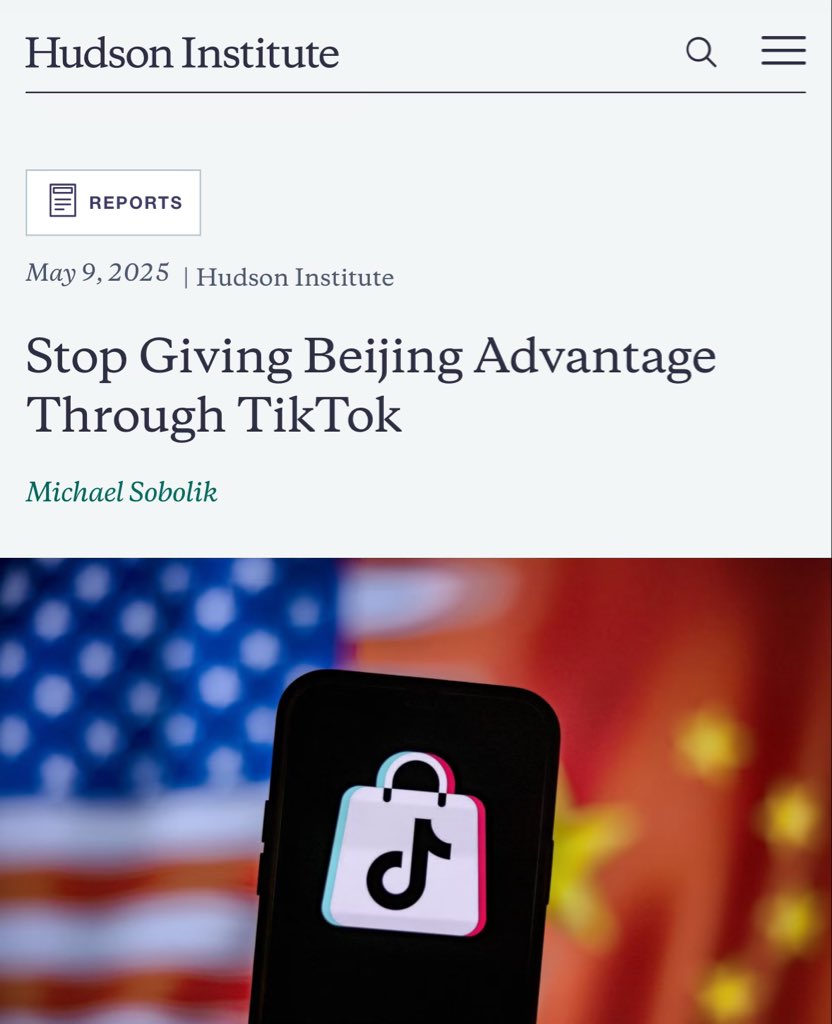 Michael Sobolik (@michaelsobolik) on Twitter photo The CCP is exploiting TikTok in the trade war to make Americans more sympathetic to Beijing. It appears to be working.
President Trump should enforce the law and take TikTok offline as long as it’s controlled by Beijing.
My latest <a href="/HudsonInstitute/">Hudson Institute</a> analysis below ⤵️ The CCP is exploiting TikTok in the trade war to make Americans more sympathetic to Beijing. It appears to be working.
President Trump should enforce the law and take TikTok offline as long as it’s controlled by Beijing.
My latest <a href="/HudsonInstitute/">Hudson Institute</a> analysis below ⤵️