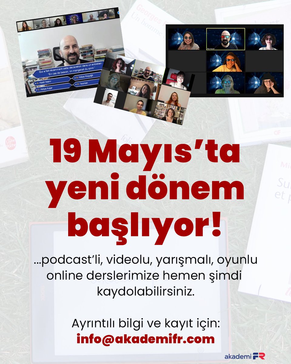 19 Mayıs haftasında online Fransızca derslerimize başlıyoruz!

akademiFR'de ana derslerin yanında hem okuma, konuşma, çeviri gibi pratik ve eğlenceli etkinliklerle Fransızca öğrenebilir, hem de bizimle birlikte Fransız felsefesine, edebiyatına, sosyal bilimlerine adım