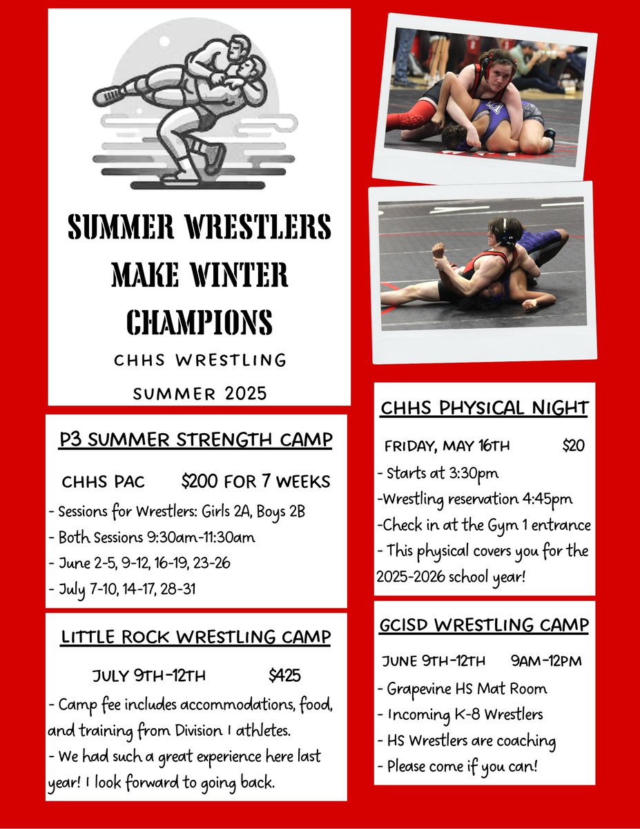 CHHS Wrestlers are looking forward to doing big things this summer! Make sure you're registered for all the fun! 

Find more info and/or contact Coach McKinney on our SportsYou 6D4W-AR5H