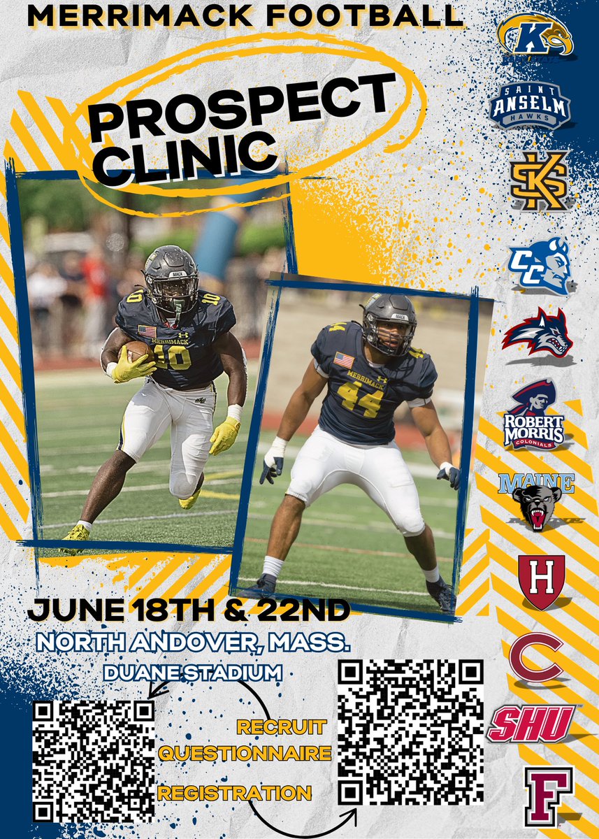 Join us in Duane Stadium June 18th and 22nd for our one day prospect clinics‼️ Come strain, compete, and get coached up by our staff‼️

Registration link below: ……rrimackfootballclinics.totalcamps.com/shop/EVENT 

#STRAIN // #FAST // #GoMack