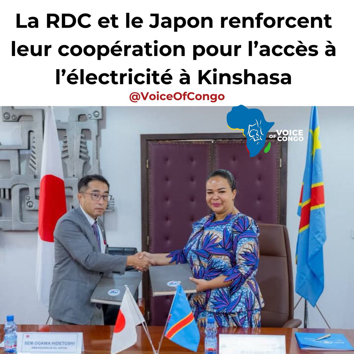 VoiceOfCongo's tweet image. La RDC et le Japon renforcent leur coopération pour l’accès à l’électricité à Kinshasa

Le Ministère des Affaires Étrangères, de la Coopération Internationale et de la Francophonie a accueilli ce vendredi 9 mai 2025 une cérémonie officielle de signature d’un amendement à l’Accord…