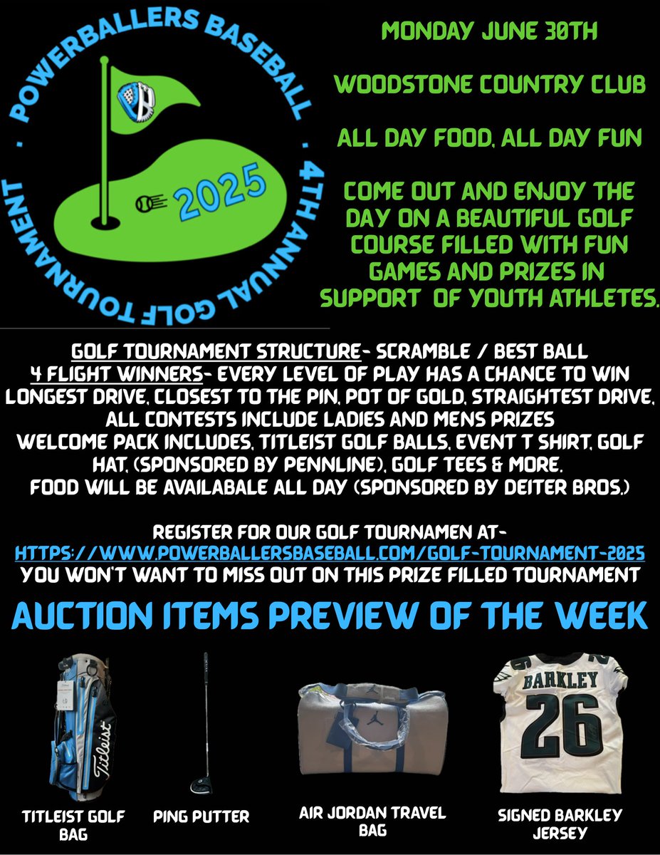 🚨CALLING ALL GOLFERS!🚨 
Our 4TH Annual Golf Tournament is right around the corner. Go to powerballersbaseball.com/golf-tournamen… to Register. Come enjoy a fun time with great people while supporting local ballplayers progress their passion.