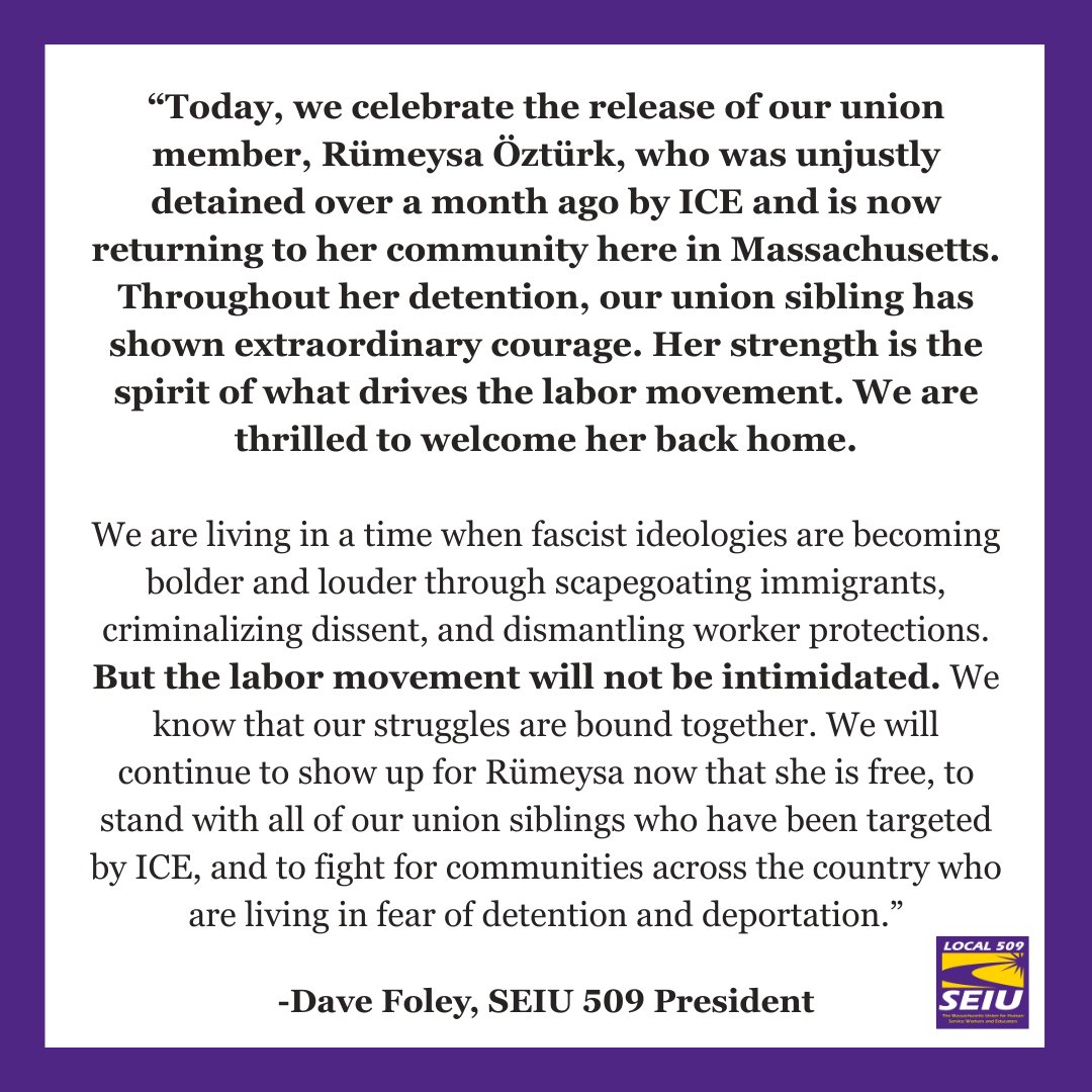 BREAKING: Our SEIU 509 union sibling Rümeysa Öztürk is being released from detention! We are so grateful to all of our labor and community allies who have stood with Rümeysa throughout this fight.