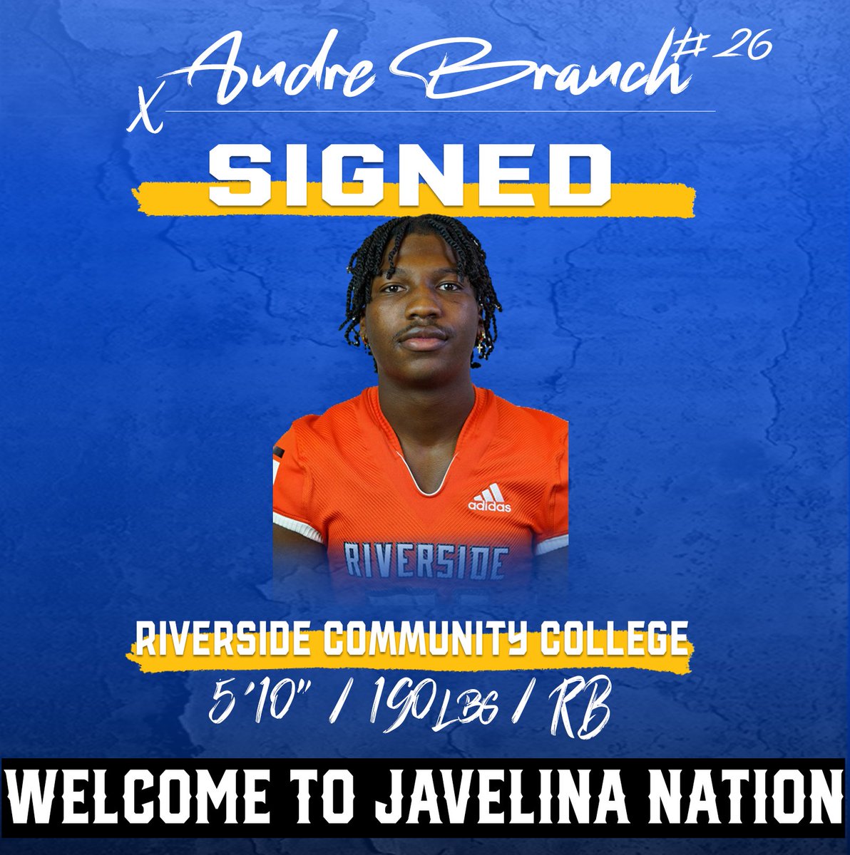 TAMUK Javelina Football (@javelinafb) on Twitter photo Welcome to Javelina Nation, <a href="/Dredayallday05/">Andre Branch</a>!
Andre comes to Kingsville by way of Riverside Community College, where he rushed for 502 yards and 3 TD's!
#GoJavelinas #TTDB Welcome to Javelina Nation, <a href="/Dredayallday05/">Andre Branch</a>!
Andre comes to Kingsville by way of Riverside Community College, where he rushed for 502 yards and 3 TD's!
#GoJavelinas #TTDB