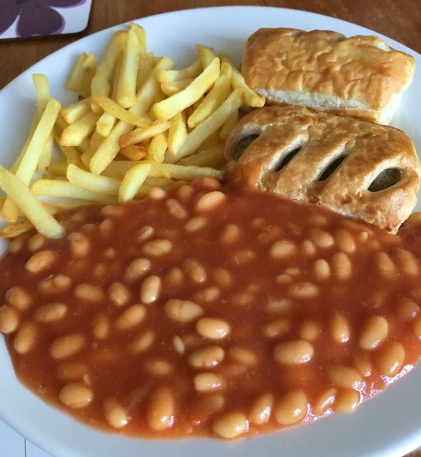 Sausage Roll, Chips and Beans