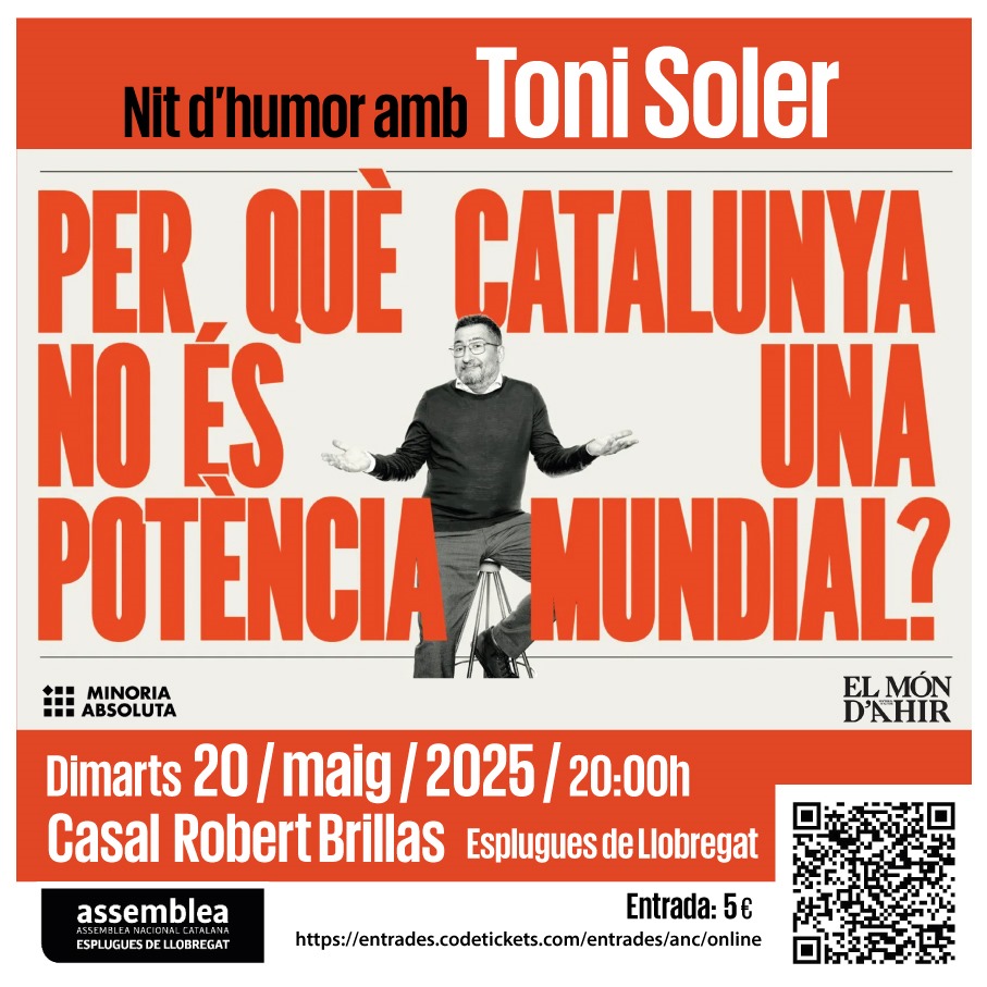 #ANCespluguesdellobregat 
#Nitdhumor
#ToniSoler
🤣No us ho podeu perdre!!
🗓️ Dimarts 20/maig
🕗20h
🏫 Casal Robert Brillas, Esplugues  de Llobregat