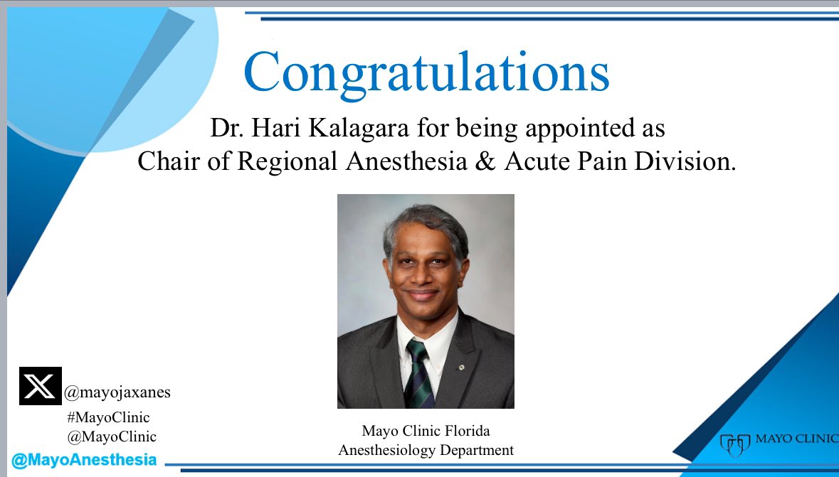 ๐ฉบ Hari (เฐนเฐฐเฐฟ ๐ฎ๐ณ) Kalagara (@kalagarahari) on Twitter photo #MayoClinic <a href="/MayoClinic/">Mayo Clinic</a>
So excited to take this new role as Chair of #RegionalAnesthesia <a href="/MayoAnesthesia/">Mayo Clinic Department of Anesthesiology</a> <a href="/mayojaxanes/">MCF Anesthesiology Residency</a> !
Look forward for exciting works in this ๐ field along with #POCUS ๐ซ
Thx ๐ <a href="/pmgjones/">Philip Jones</a> <a href="/RyanChadha1/">Ryan Chadha</a> ๐<a href="/ArcherKMartin/">Archer Martin</a> <a href="/nathanhwaldron/">Nathan Waldron</a> <a href="/ASRA_Society/">ASRA Pain Medicine</a> <a href="/NarouzeMD/">Samer Narouze,MD,PhD,MMM</a> #MayoClinic <a href="/MayoClinic/">Mayo Clinic</a>
So excited to take this new role as Chair of #RegionalAnesthesia <a href="/MayoAnesthesia/">Mayo Clinic Department of Anesthesiology</a> <a href="/mayojaxanes/">MCF Anesthesiology Residency</a> !
Look forward for exciting works in this ๐ field along with #POCUS ๐ซ
Thx ๐ <a href="/pmgjones/">Philip Jones</a> <a href="/RyanChadha1/">Ryan Chadha</a> ๐<a href="/ArcherKMartin/">Archer Martin</a> <a href="/nathanhwaldron/">Nathan Waldron</a> <a href="/ASRA_Society/">ASRA Pain Medicine</a> <a href="/NarouzeMD/">Samer Narouze,MD,PhD,MMM</a>